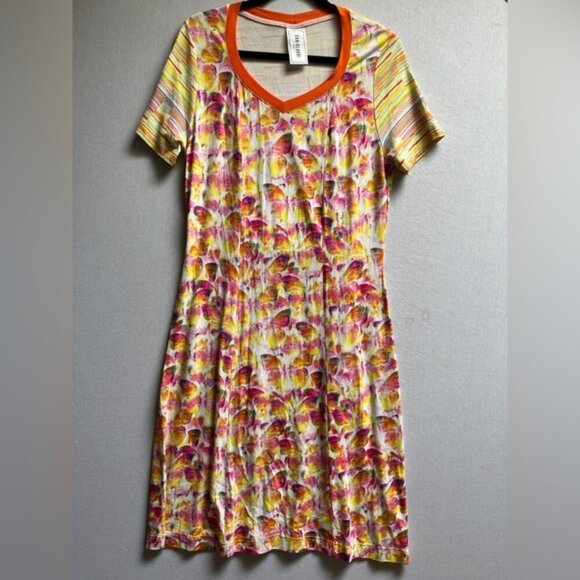 Eva & Claudi Colorful Butterfly Patterned Dress with Striped Sleeves Sz L - Picture 1 of 11